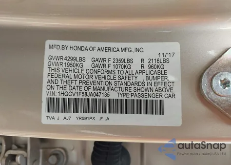 2018 Honda Accord Ex-L from USA, damaged, VIN 1HGCV1F58JA047135